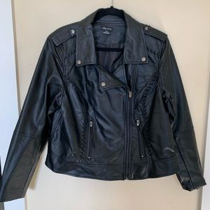 City Chic Whip Stitch Faux Leather Biker Jacket - Black -Size S/16